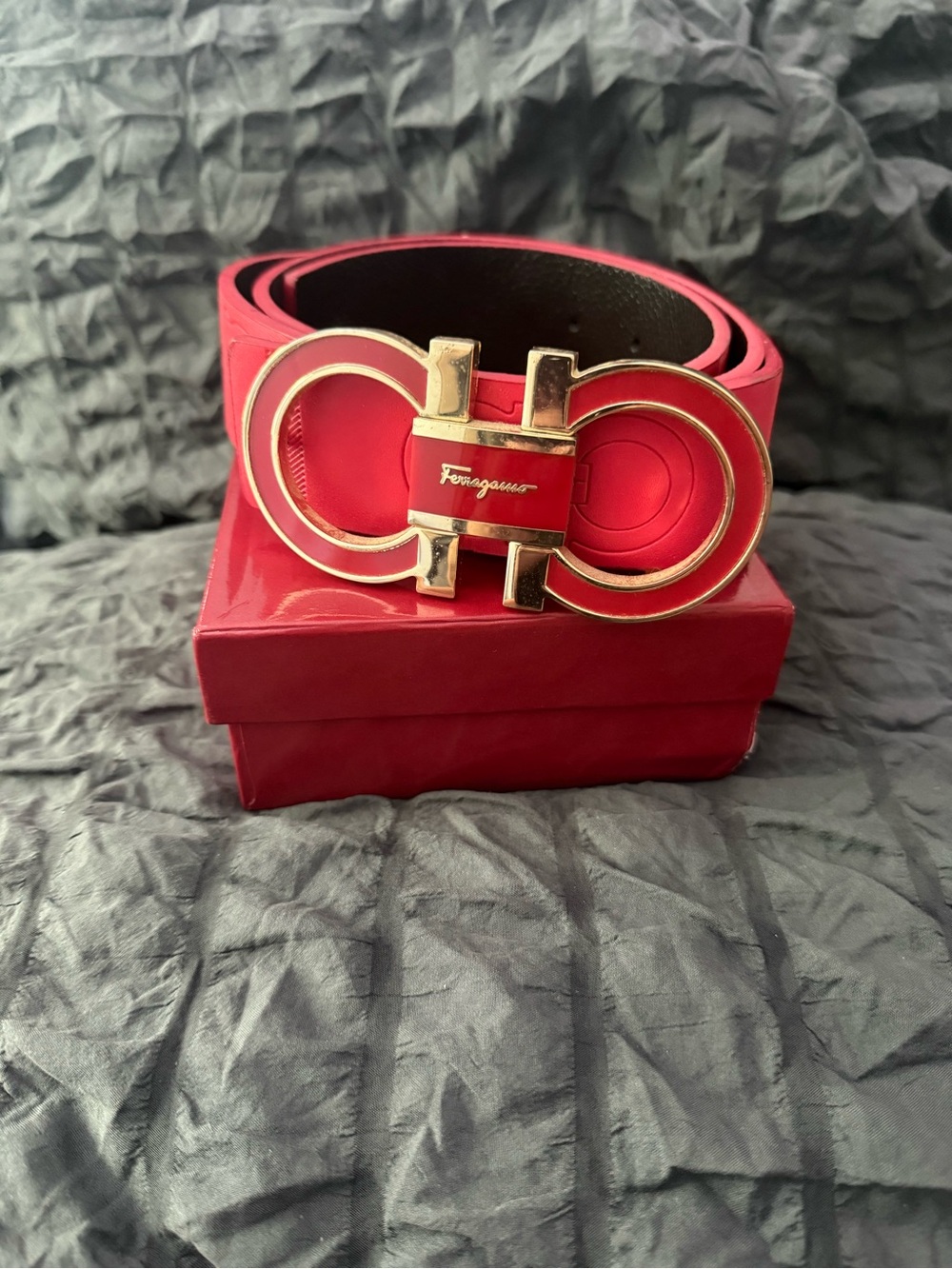 Salvatore Ferragamo Red Patent Leather Double Gancini Belt with Gold Buckle